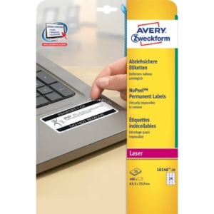 Etichette Bianche in poliestere Non Rimovibili per Laser Avery - 63,5x33,9 mm - 24 etichette per foglio - L6146-20 (conf.20 fogli)