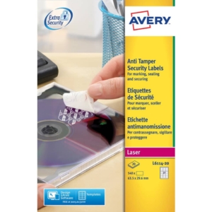 Etichette anti-manomissione Bianche per stampanti laser Avery in poliestere - 63,5x29,6 mm - 27 etichette per foglio - 20 fogli - L6114-20 (540 etichette)