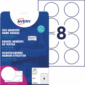 Badge adesivi per tessuti rotondi Avery Ø65 mm - Bianco - 8 etichette per foglio - stampanti Ink-jet - J4881-20 (conf.20 fogli)