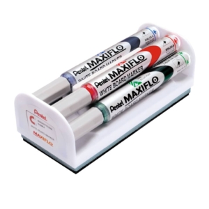 Set cancellino + 4 pennarelli per lavagne Bianche Pentel Maxiflo - Punta conica 4 mm - Colori Assortiti