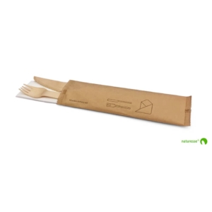 Set posate in legno monouso Scatolificio del Garda forchetta-coltello-tovagliolo Avana - 20381 (conf.250)