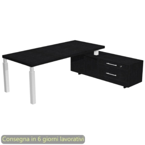 Scrivania manageriale Flora con mobile di servizio Nero venato frassino 225x170xH76,2 cm gamba sezione quadrata Bianca