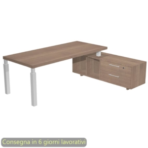 Scrivania manageriale Flora con mobile servizio Noce arabis 225x170xH76,2 cm gamba sezione quadrata Bianca