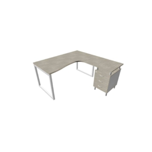 Scrivania con cassettiera a destra piano cemento 160x165xh.75 cm gamba ad anello acciaio Argento PractikaP2 ECSAT17D-CL-A