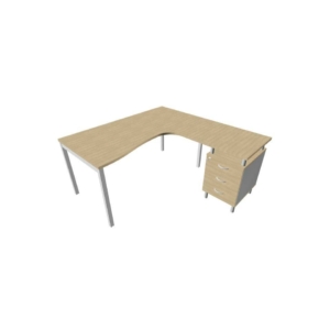 Scrivania con cassettiera a destra piano Rovere 160x165xh.75 cm gamba a ponte in acciaio Argento PractikaP3 ECSPT17D-RK-A