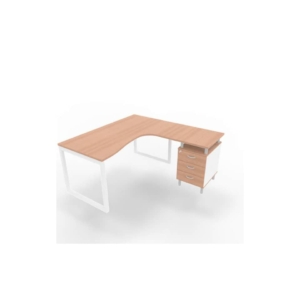 Scrivania con cassettiera a destra piano Noce canaletto 160x165xh.75 cm gamba ad anello acciaio Bianco Practika P2