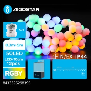 Catena luminosa a batteria Aigostar per interni ed esterni con lampadine a sfera multicolore 50 led 5 m - 298395