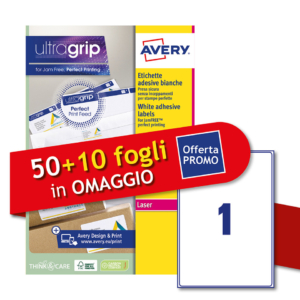 Etichette bianche Avery Ultragrip & Jamfree™ adesivo permanente laser 1 et./foglio - 199,6x289,1 mm (conf. 50+10 fogli OMAGGIO)