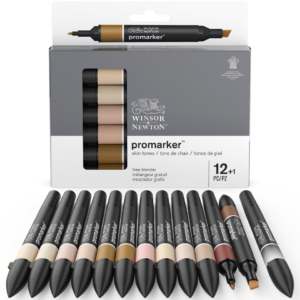 Pennarelli Winsor&Newton Promarker doppia punta fine-scalpello 2,5-0,5mm - toni carne + blender - 0290172 (conf.12)