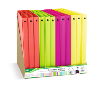 Espositore 12 raccoglitori 4 anelli Lebez in PP - A4 Ø 30 mm - colori neon assortiti - 80980