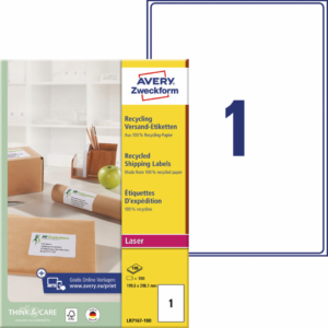 Etichette in carta riciclata Bianca per buste e pacchi Avery 199,6x289,1 mm 1 etichetta per foglio - Laser (conf.100 fogli)