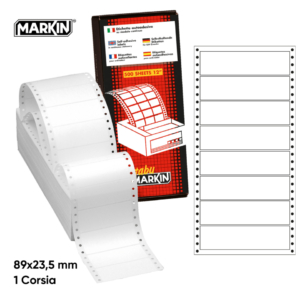 Etichette bianche a modulo continuo Markin 1 corsia 6.000 etichettte - 89x23,5 mm - X200S604 (conf.500 fogli)