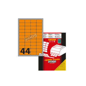 Etichette arancione fluo permanenti Markin Copiatabu A4 - 44 etichette/foglio - 47,5x25 mm - X210A406F-AR (conf.100 fogli)