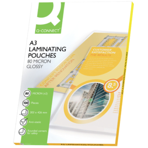 Pouches A3 per plastificatrice Q-Connect 2x80µm finitura lucida (conf.100)